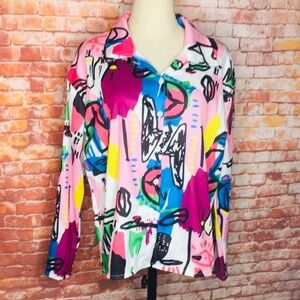Colorful Abstract Print Oversized Button Down Picasso Blouse